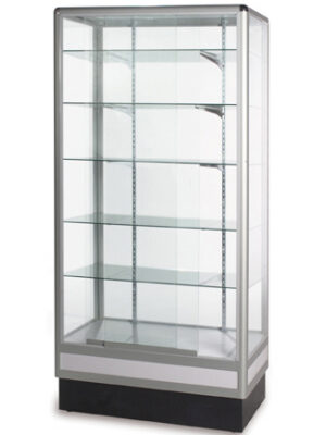 A glass display case with many shelves and a white base.