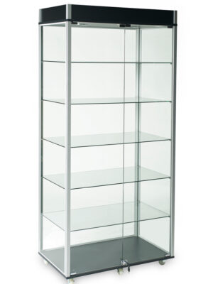 A glass display case with six shelves on top.