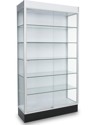A glass display case with five shelves and one door.