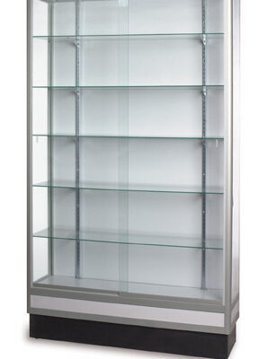 A glass display case with four shelves and two metal bars.