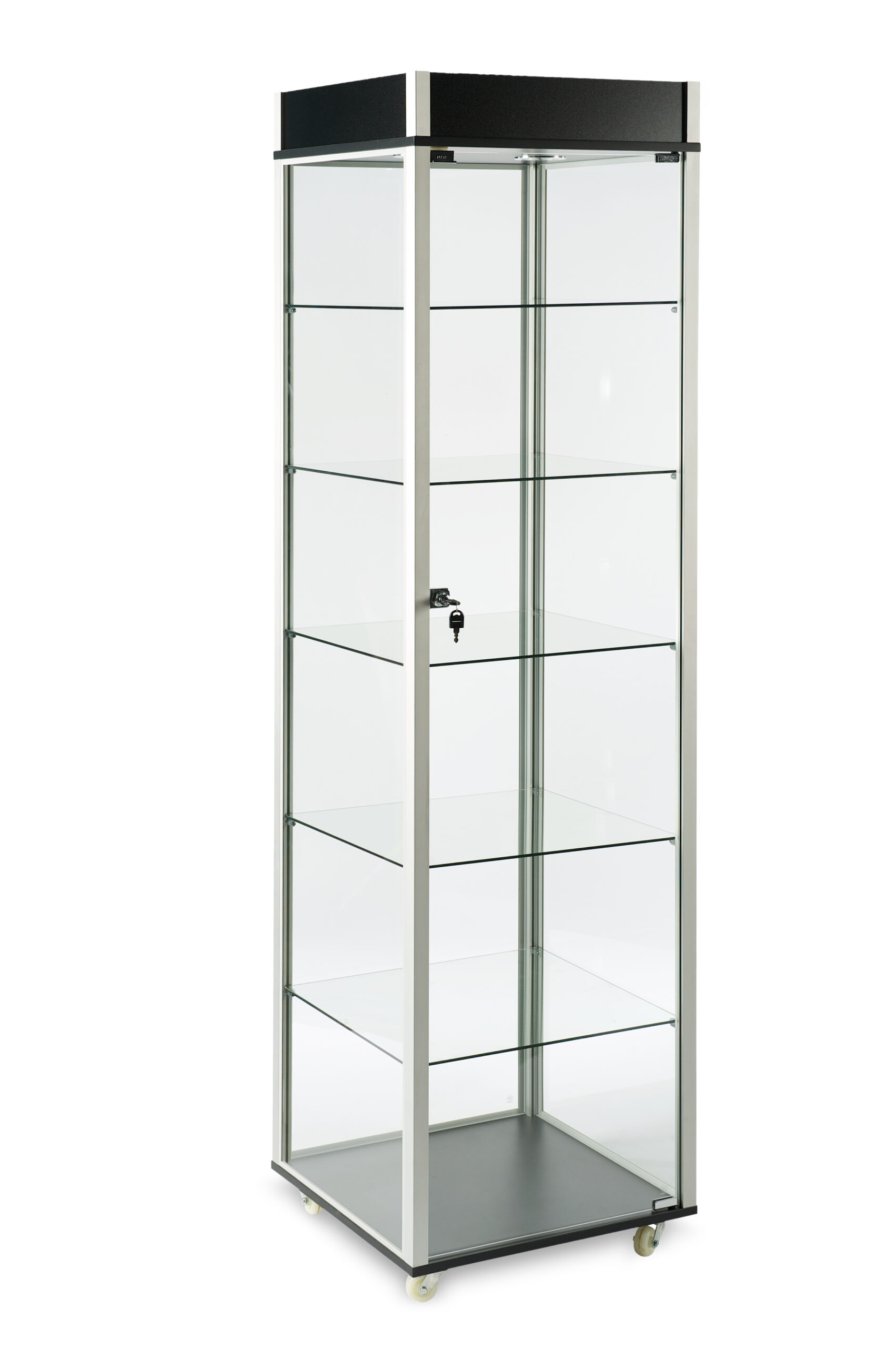 A tall glass display case with many shelves.