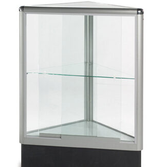 A corner display case with glass shelves and black base.