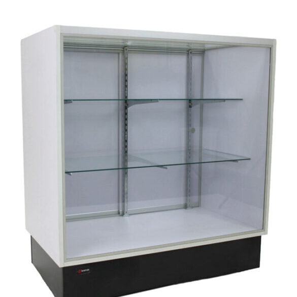 A white display case with glass shelves on top.