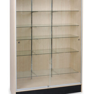 A display case with glass doors and shelves.