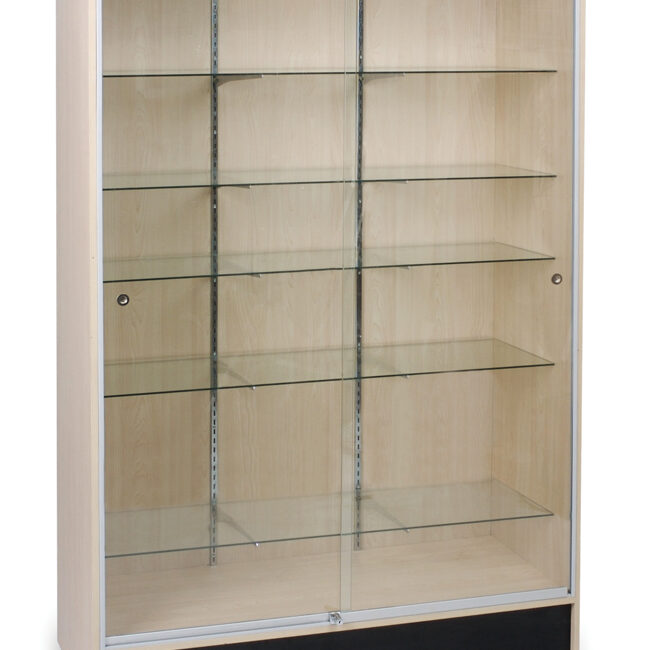 A display case with glass doors and shelves.