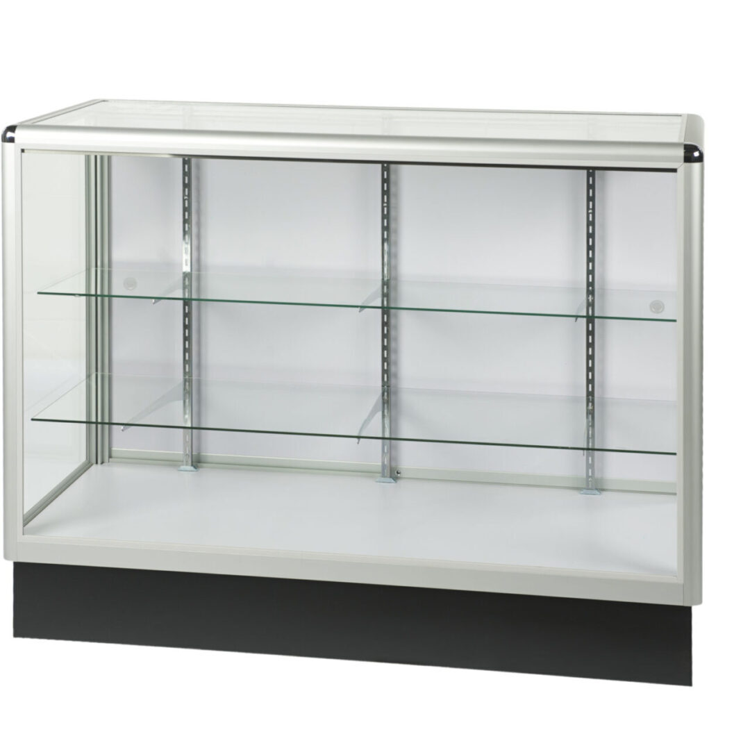 A glass display case with three shelves and one black base.