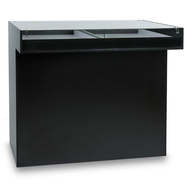 A black counter with glass top and a metal shelf.