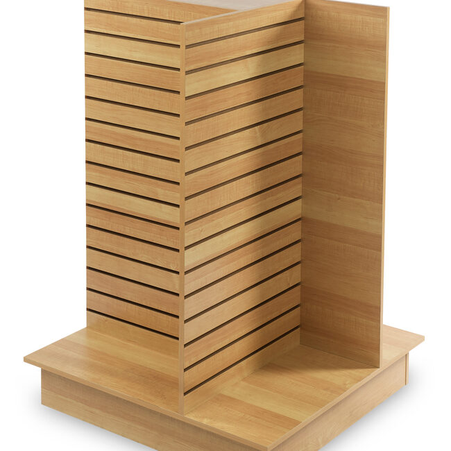 A wooden display stand with many shelves on top of it.