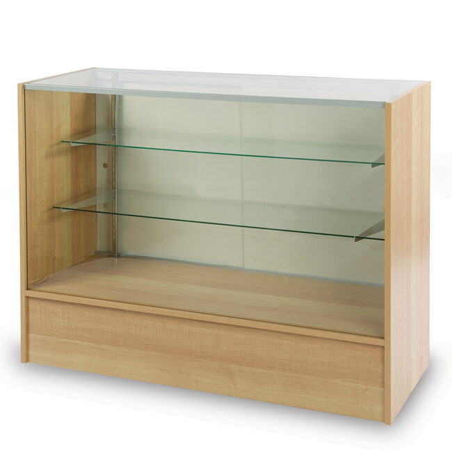 A wooden display case with glass shelves on top.