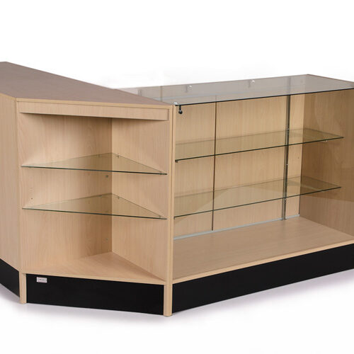 A wooden display case with glass shelves on top.