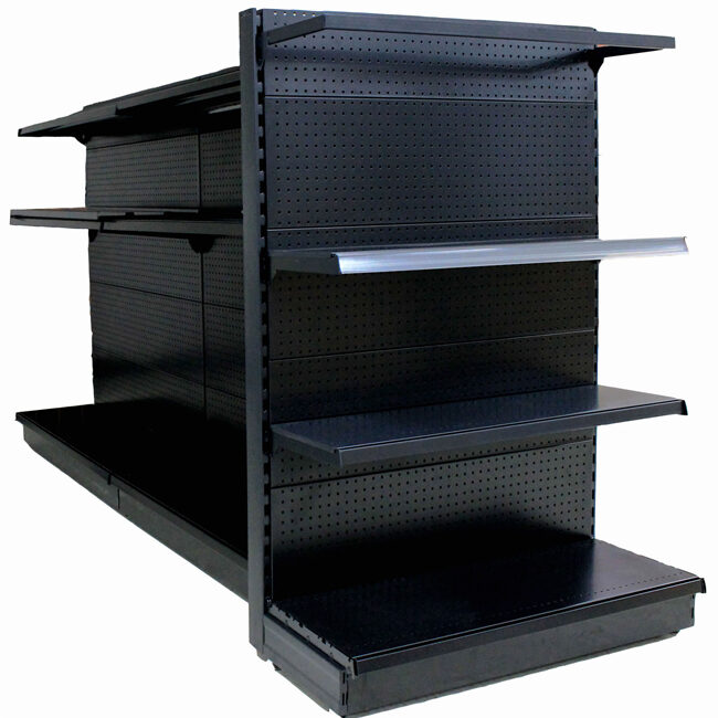 A black shelf with two shelves on each side.