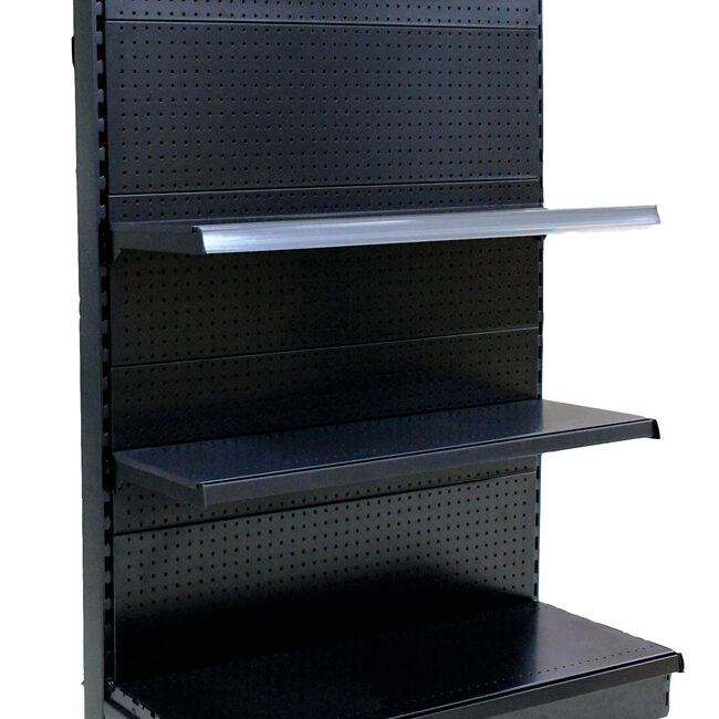 A black shelf with two shelves on each side.