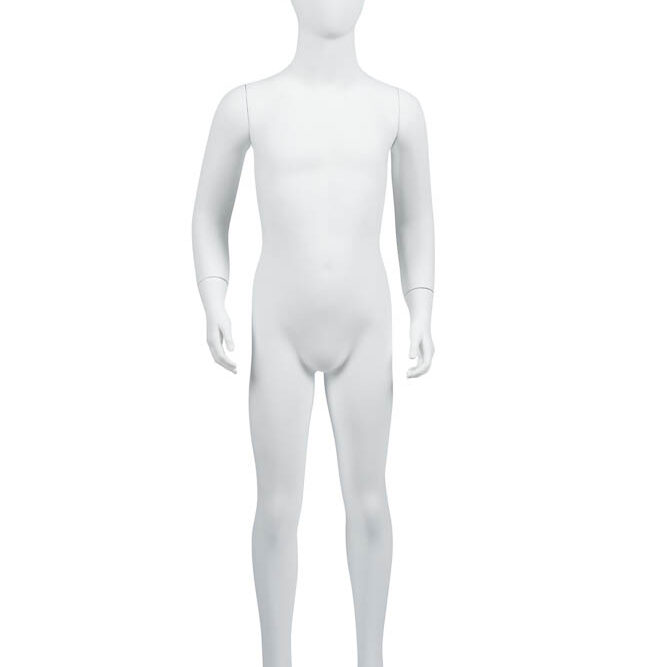 A white mannequin standing in front of a wall.