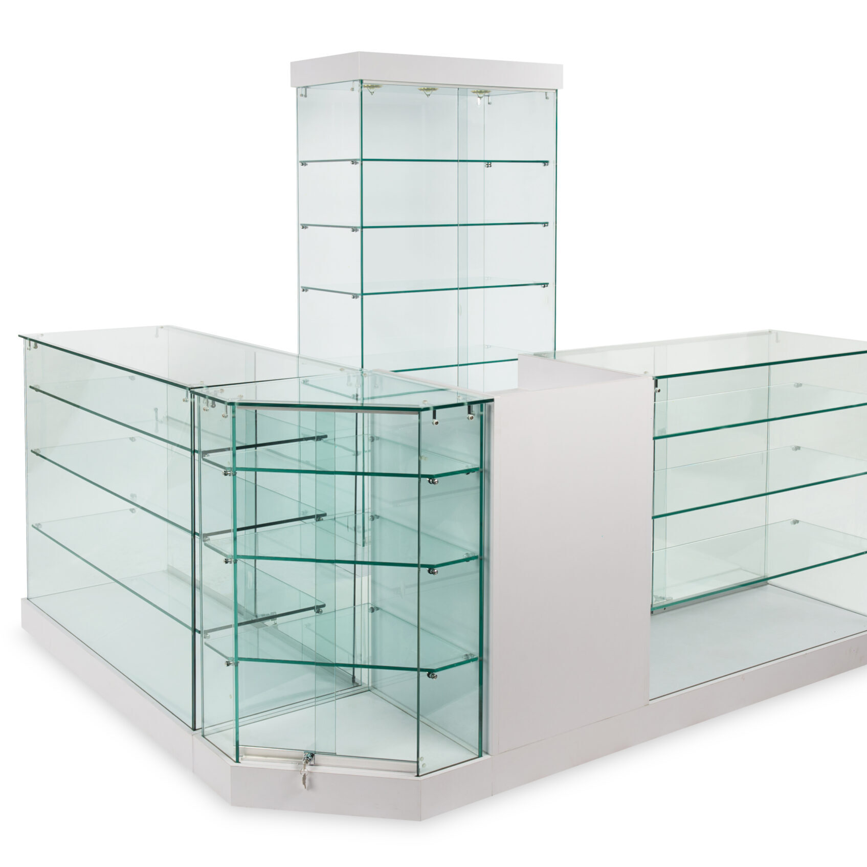 A glass display case with many shelves and two counters.