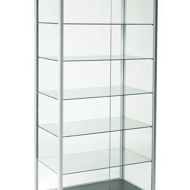 A glass display case with six shelves on top.