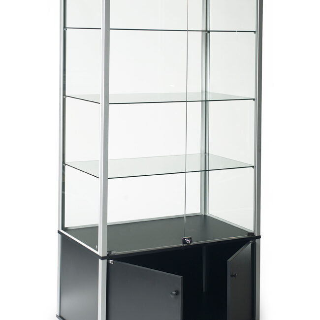 A glass display case with black base and four shelves.