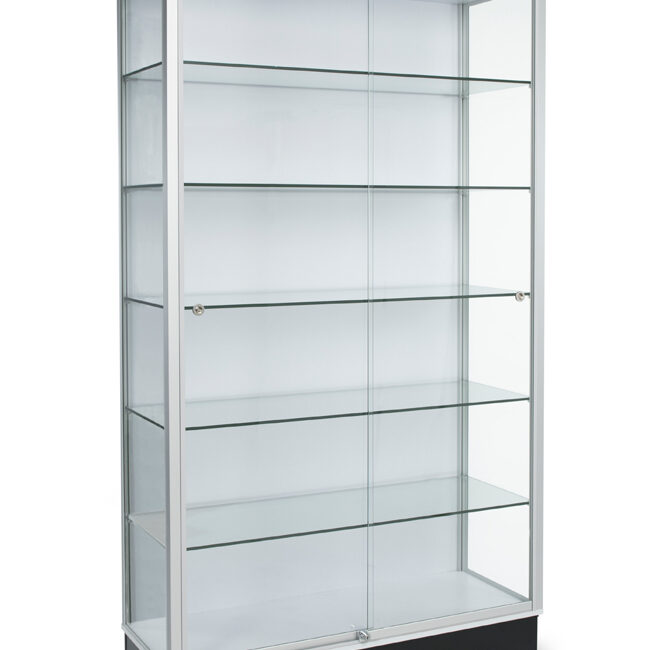 A glass display case with five shelves and one door.