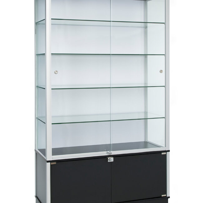 A glass display case with two doors and shelves.