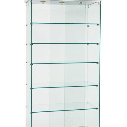 A glass display case with six shelves and one light.