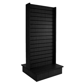 A black slatwall display unit with a shelf underneath it.
