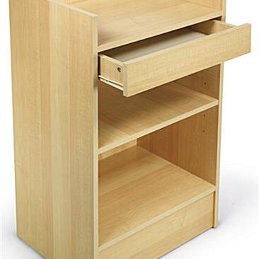 A wooden shelf with drawers and shelves on top.