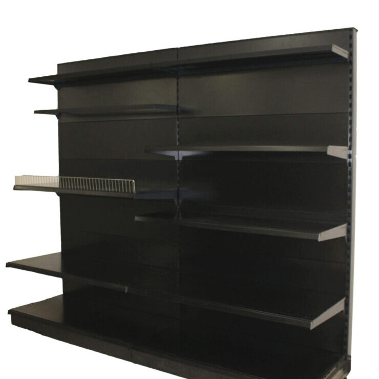 A black shelf with many shelves on it