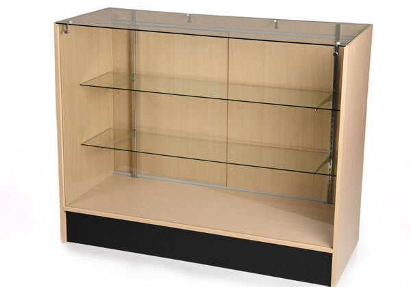 A display case with glass shelves and a black base.